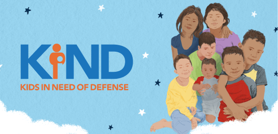 Illustration of a family with 'KIDS IN NEED OF DEFENSE' logo on a blue background